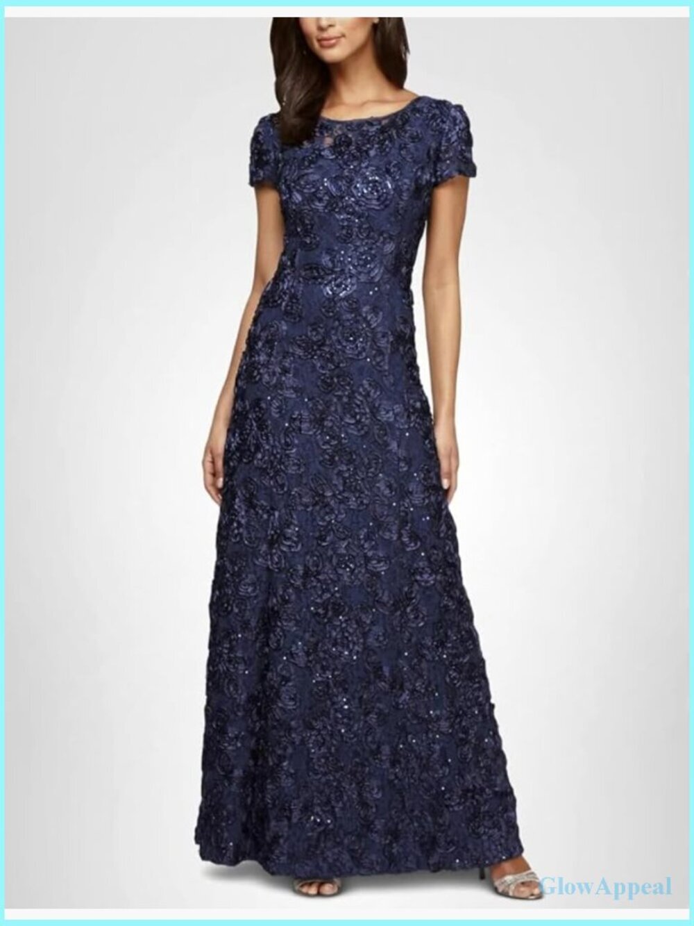 Long Rosette A-Line Gown with Short Sleeves - Wedding Guest Dress